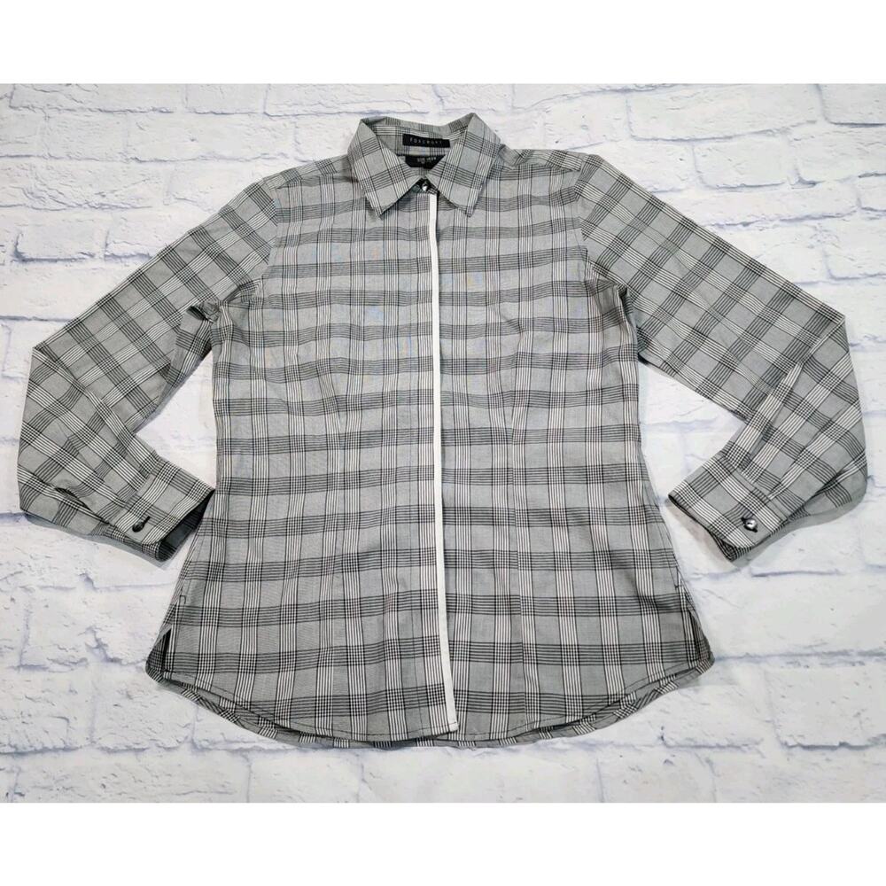 Foxcroft WOMENS SZ S Non Iron Fitted Fit Gray Plaid Button Shirt Blouse